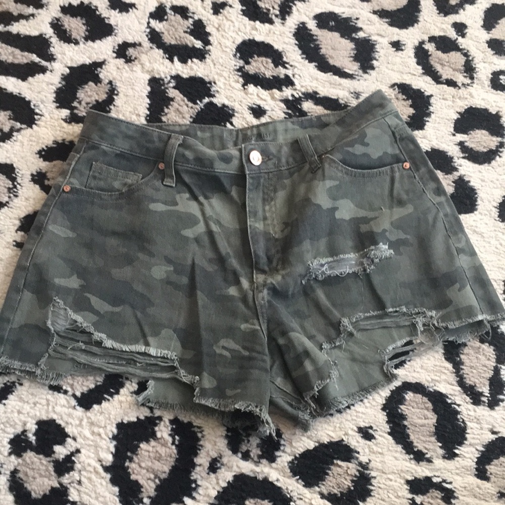 Destructed Camo Denim Shorts